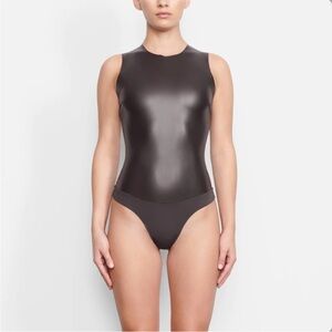 SKIMS Faux Leather Crew Neck Bodysuit in Black